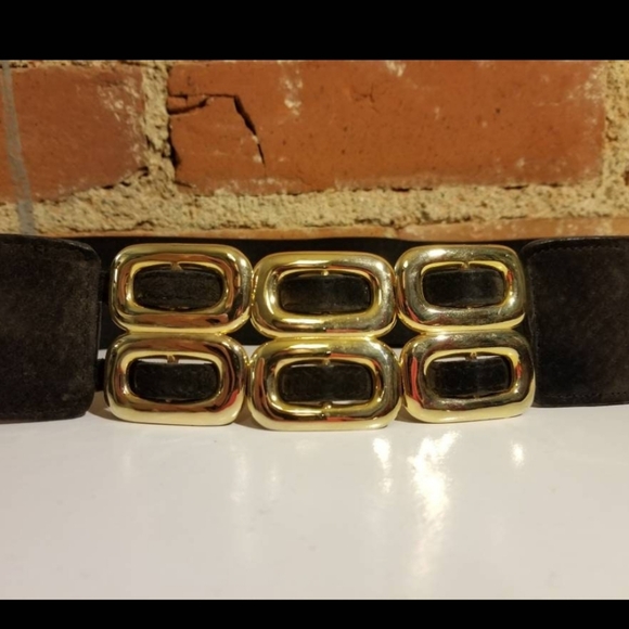 VINTAGE BLACK BELT SUEDE LEATHER STRETCH CINCH GOLD ELASTIC SNATCHED WAIST GOTH - Picture 2 of 5